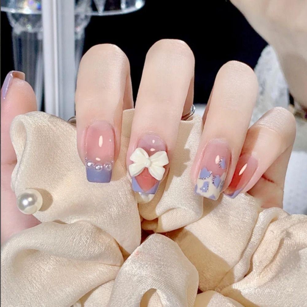 Bộ 24 Móng Tay Giả Kiểu Pháp Ngọt Ngào Dễ Thương