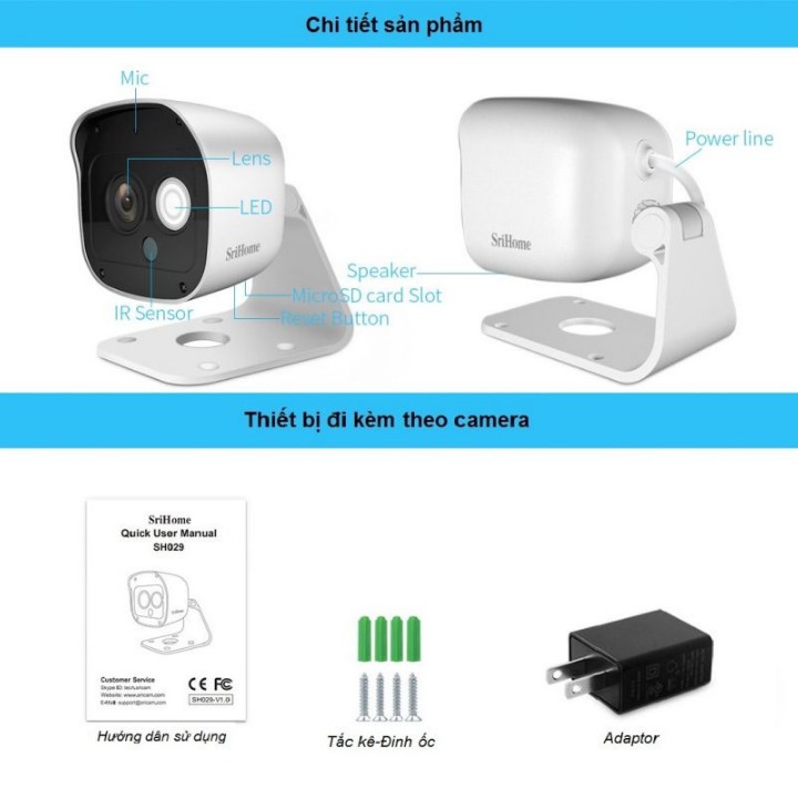 Camera IP Wifi Srhome Sh029 , 3.0Mpx , kết nối không cần mạng , chống nước IP66 , đàm thoại 2 chiều , cảnh báo Cđ