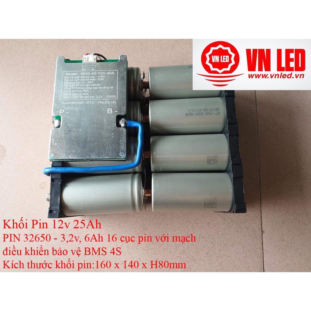 Khối Pin 12v 25Ah, Pin sạc Lithium sắt, 16 viên pin 32650, mạch bảo vệ BMS 4S, hotline 0936395395