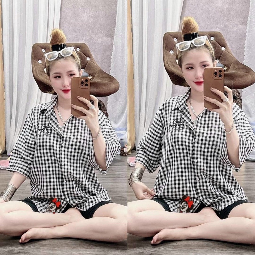 Set Bộ Áo Sơ Mi Caro Thêu Mickey Ở Dưới Kèm Quần Legging Ngố