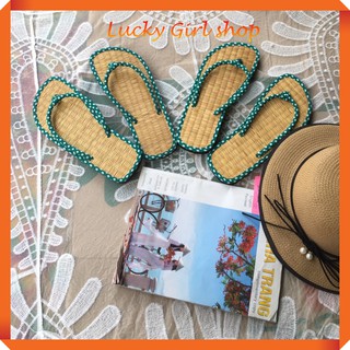 [Size 40/41] Dép Cói Dép Chiếu Nữ Xỏ Ngón Quai Chấm Bi Xanh Lá - Dép Hội An - Lucky Girl shop NHA TRANG