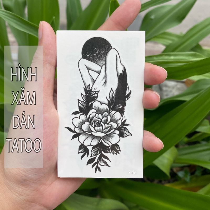 Hình xăm hoa đơn sắc + cô gái r18. Tatoo dán size 10x6cm