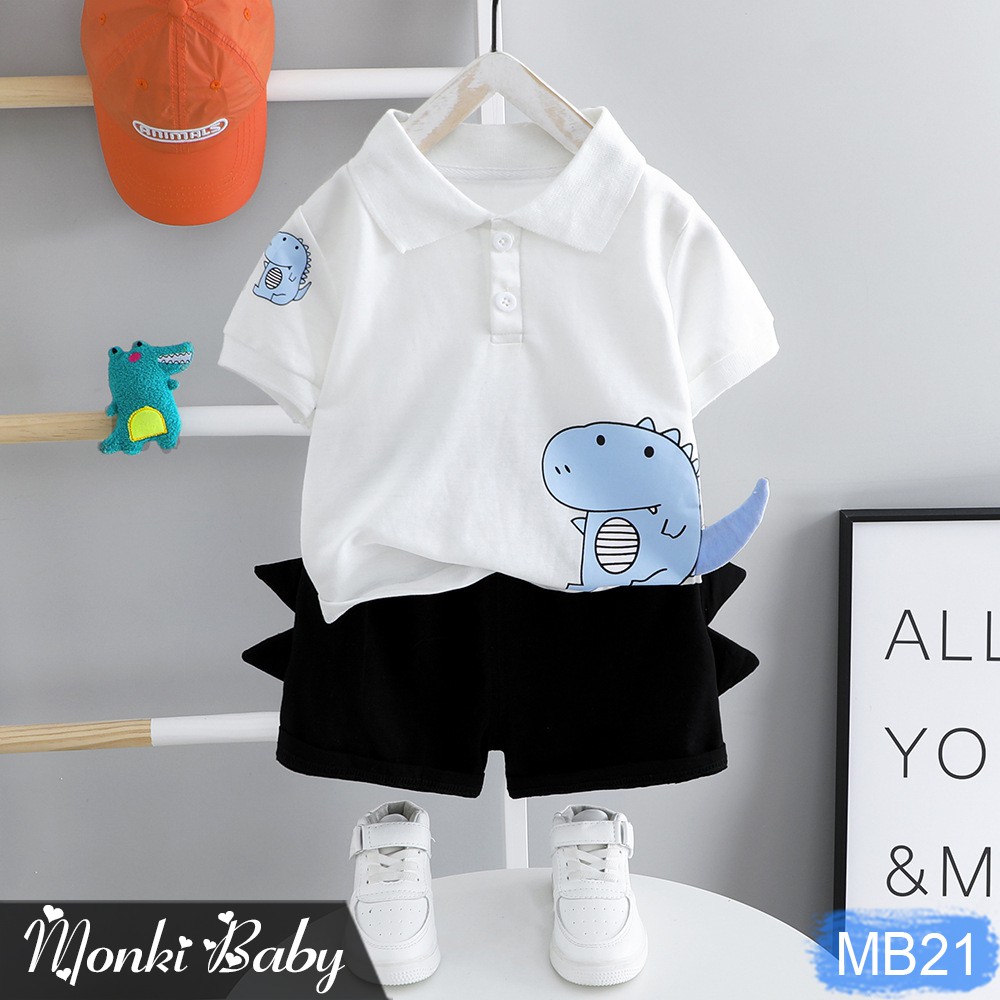 [Lẻ size 7-9kg] - Bộ quần áo bé trai hình khủng long dễ thương, áo thun polo và quần sooc đùi, chất cotton thoáng | MB21