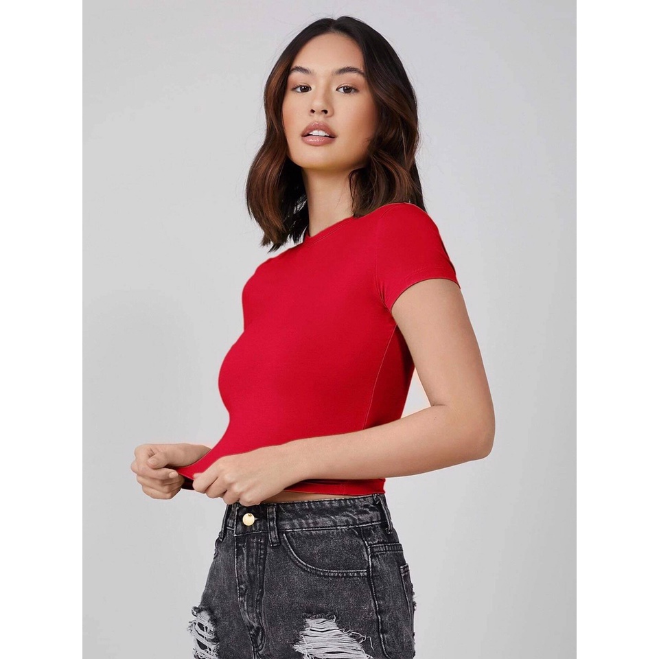 Áo thun ôm croptop tay ngắn nhiều màu trơn cơ bản chất thun dày dặn