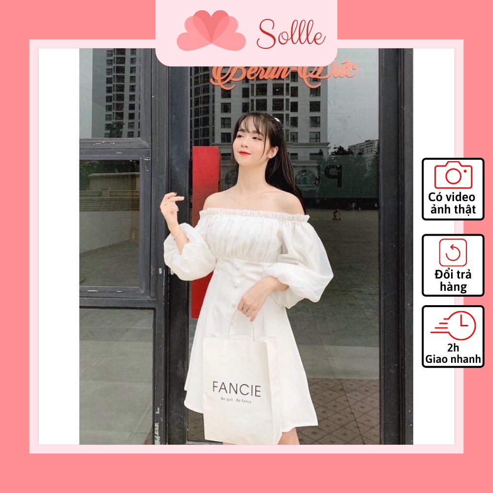 Váy đầm trắng trễ vai tay bồng cúc bọc đẹp đi tiệc tiểu thư kiểu Hàn Quốc Sollle