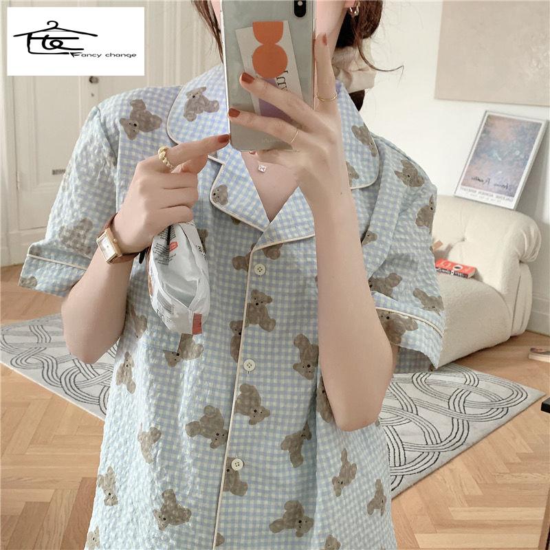 Bộ Đồ Ngủ Tay Ngắn Họa Tiết Sọc Caro In Hình Gấu Dễ Thương Phong Cách Nhật Bản Cho Nữ