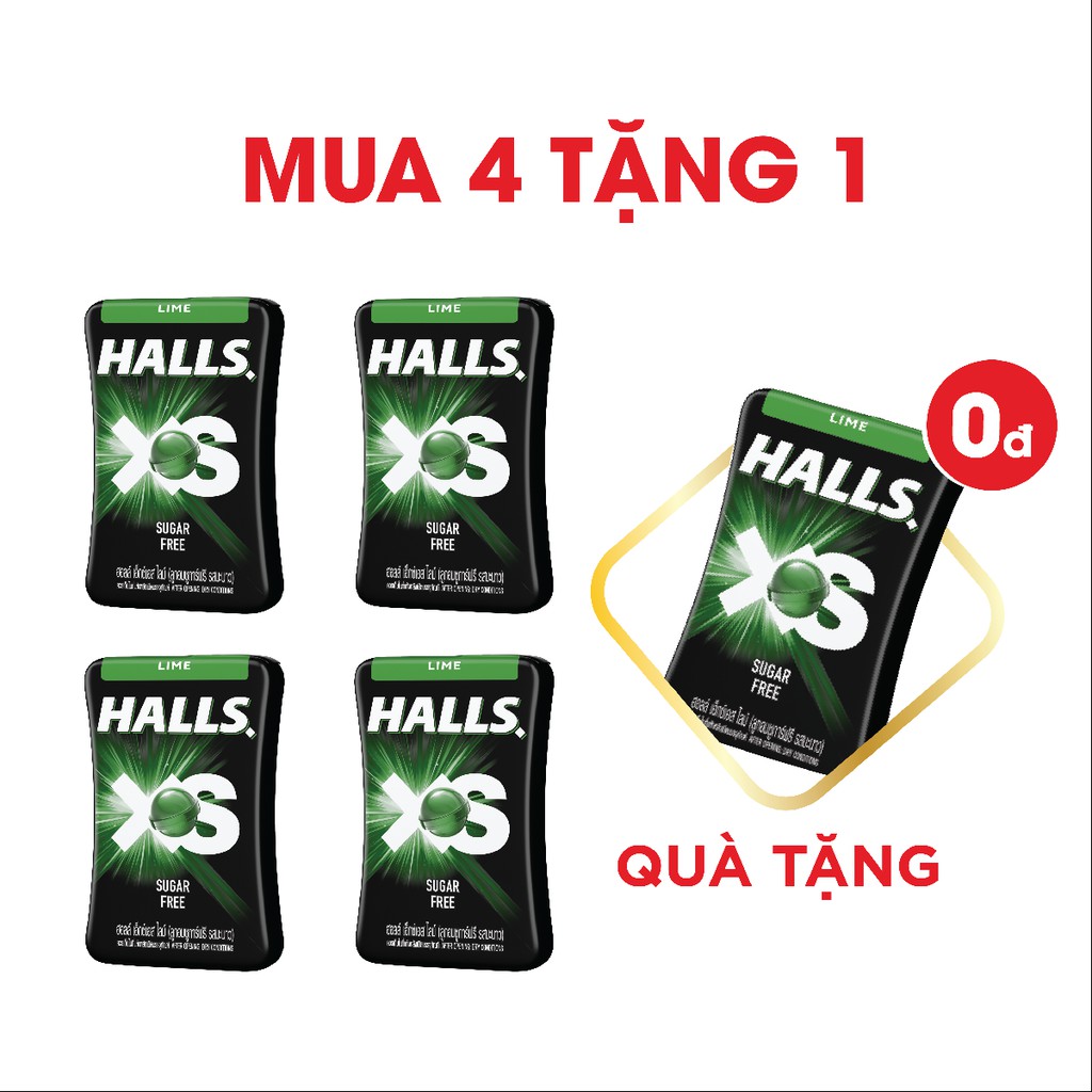 Combo 4 Hộp Kẹo Ngậm Không Đường Halls Xs Hương Chanh - Bạc Hà - Mật Ong - Redbull (Tặng 1 Hộp Halls Bạc Hà)