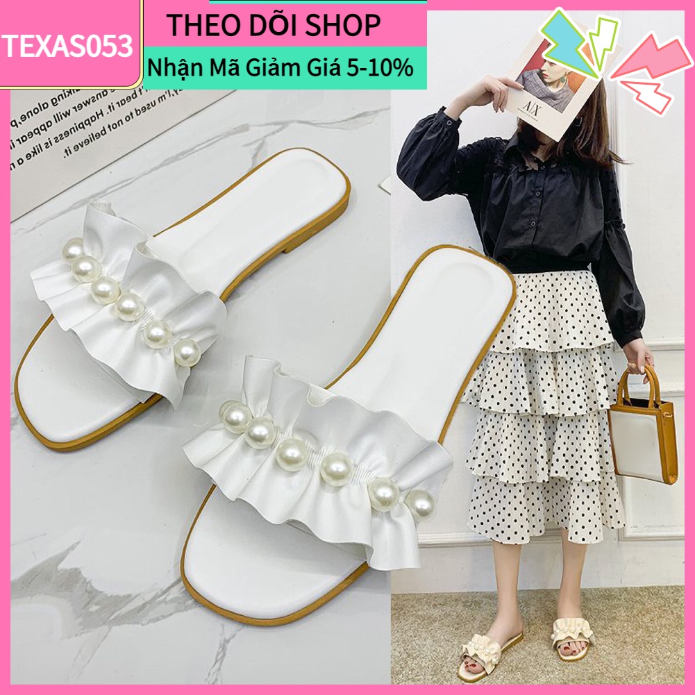 Dép bệt Texas053 đính ngọc trai nhân tạo thời trang nữ đơn giản đi biển/ mang hàng ngày/ trong nhà/ thích hợp mùa hè