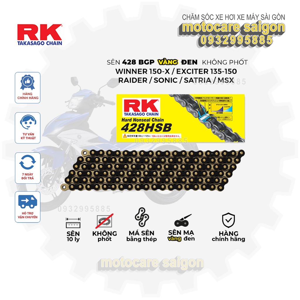 [CHÍNH HÃNG RK] Sên xe máy Exciter / Winner / Raider / Sonic / Satria 428 không phốt cao su Màu Đen Vàng (Black/Gold)