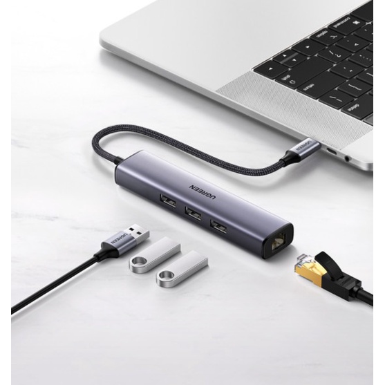 USB-C to LAN 100/1000Mbps Kèm HUB 3 Cổng USB 3.0 Ugreen 20920 Chính hãng cao cấp