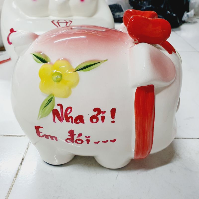 Lợn đất tiết kiệm gốm sứ heo nơ hoa nổi size 3