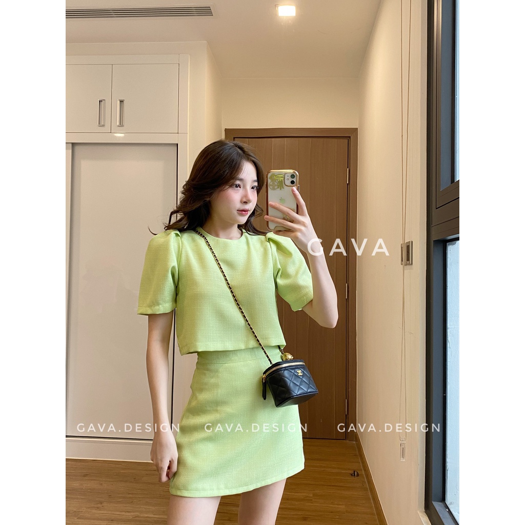 Set tay phồng croptop chân váy dáng A tôn dáng