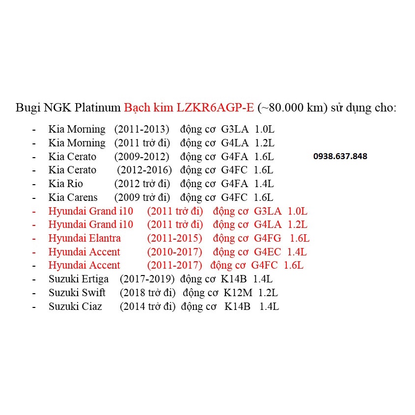 (mã LZKR6AGP-E) Bugi NGK Platinum Bạch Kim cho Morning, Cerato, Carens, Rio, i10, Accent, Elantra, Ertiga, Swift, Ciaz