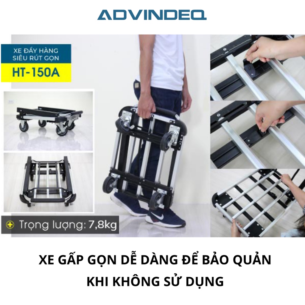 Xe đẩy hàng 4 bánh gấp gọn ADVINDEQ HT-150A, khung xe bằng thép sơn tĩnh điện siêu chắc chắn, tải trọng tới 150kg