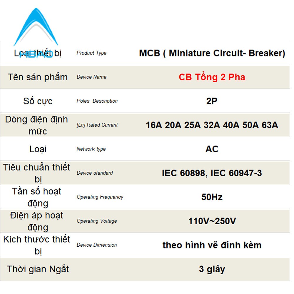 Cầu Dao 2 pha 40A cầu dao tổng , CB   aptomat , át tự động MCB Dobo Electric Korea