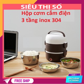 Hộp cơm hâm nóng 3 tầng cắm điện inox, hộp cơm 3 tầng ủ cơm tự động