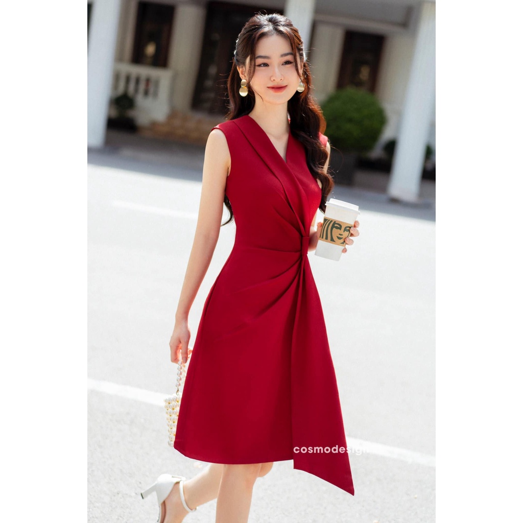 Đầm đỏ nữ COSMO Design dáng ôm cổ áo dài qua eo 10908