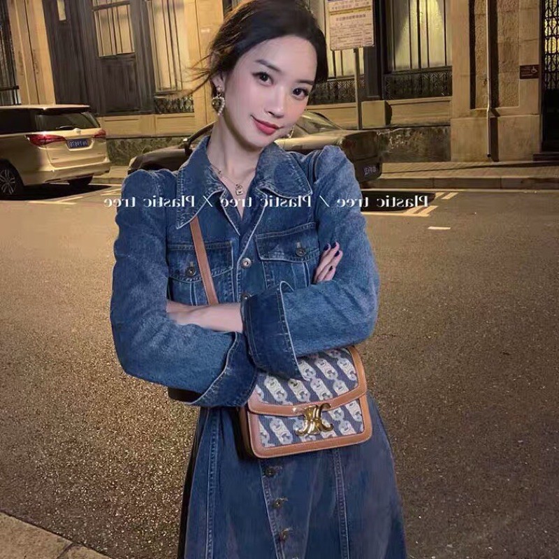 Đầm midi denim xoè thời trang, váy bò dáng xoè dài, đầm bò dáng dài sang chảnh