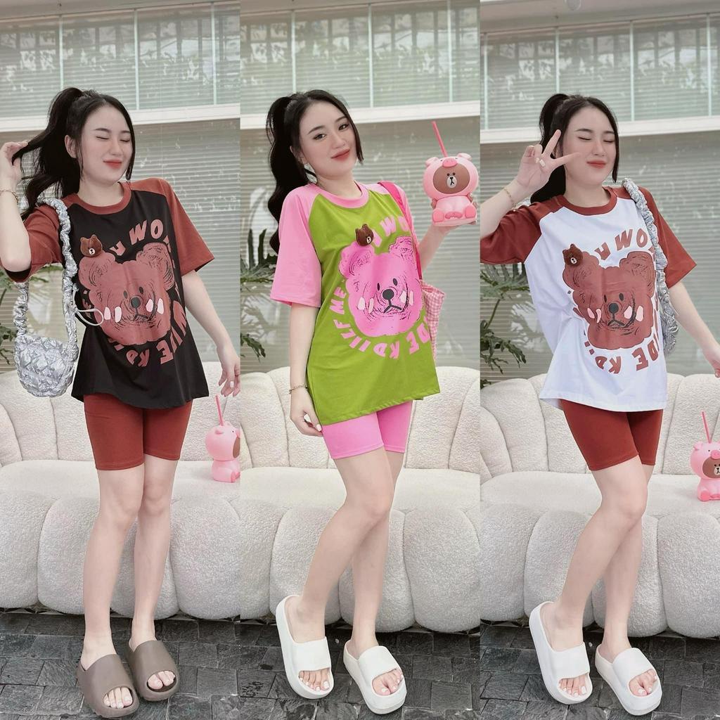 Set bộ nữ dễ thương với set 2 món quần đùi lengging kèm áo thun form rộng cổ tròn in gấu
