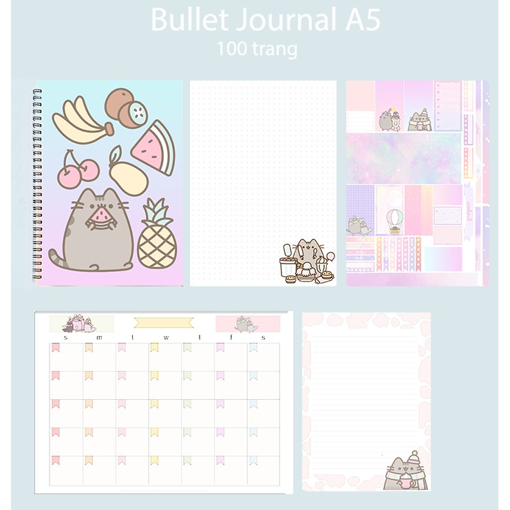 Sổ bullet journal pusheen SBJ29 A5 100 trang 160gsm chấm kẻ ngang  in màu monthly planner  Sổ tay vẽ chì Sketchbook