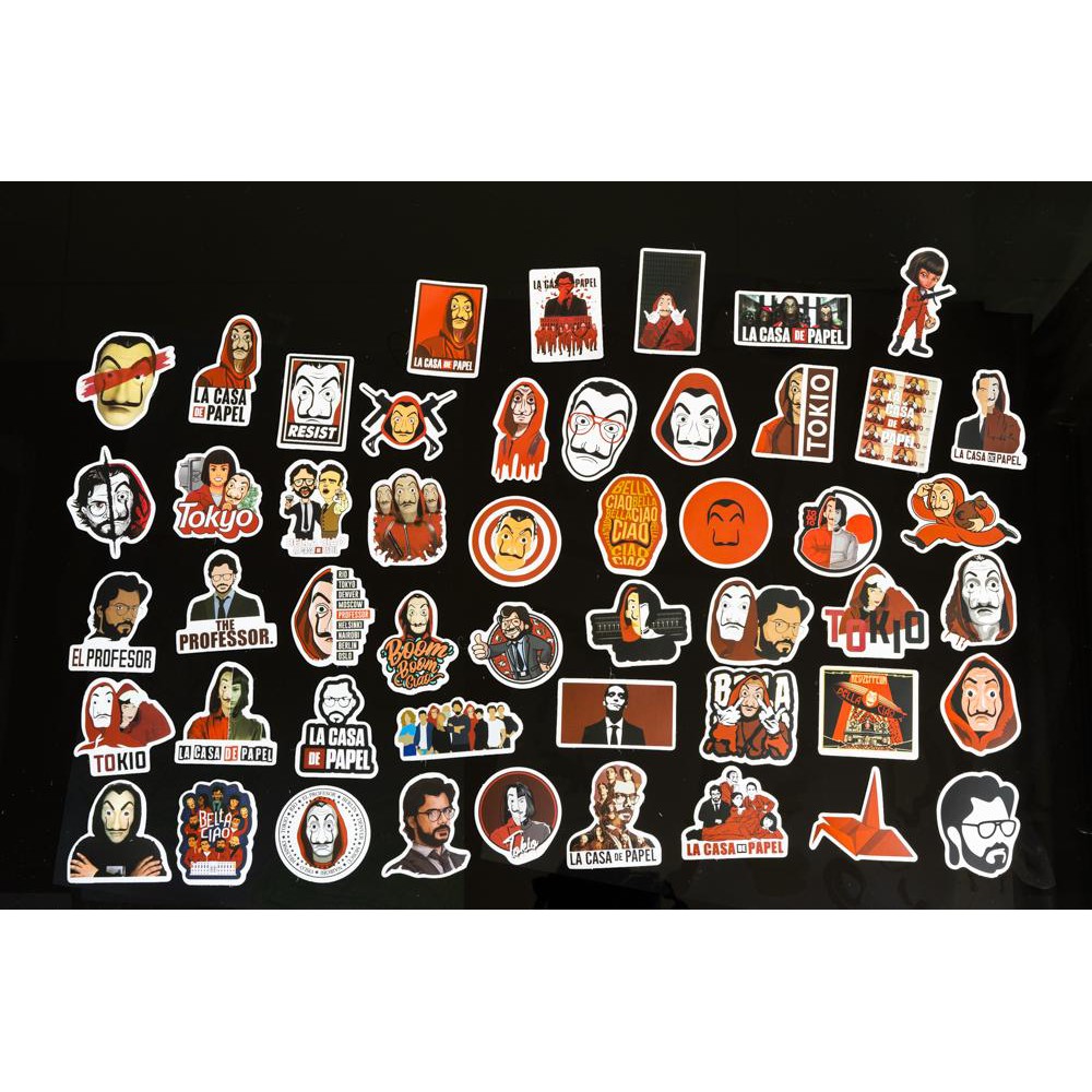 Bộ 50 miếng dán sticker, stickers cao cấp chủ đề Money Heist Phi vụ triệu đô trang trí Vali Laptop Mũ Bảo Hiểm Đàn