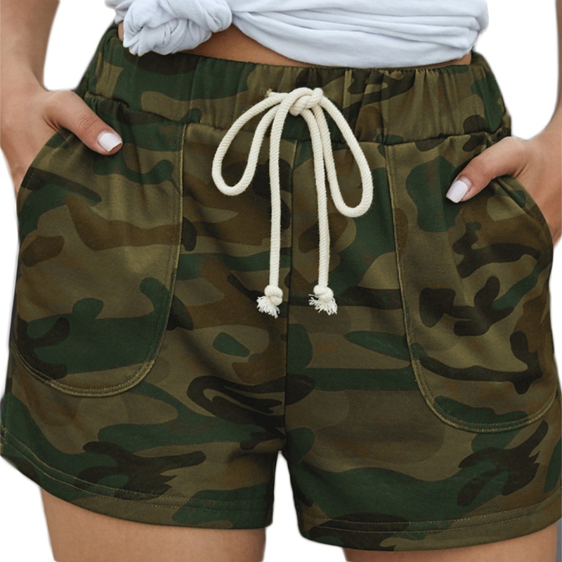 Quần Short Nữ Lưng Thun Rút Dây Họa Tiết Rằn Ri Phong Cách Vintage