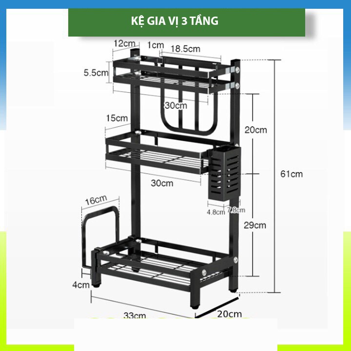 Kệ gia vị đa năng INOX phủ sơn tĩnh điện Đen, kệ xoay vuông tròn 360 độ, (2 Tầng, 3 Tầng) Loại Dày Tiết Kiệm Không Gian