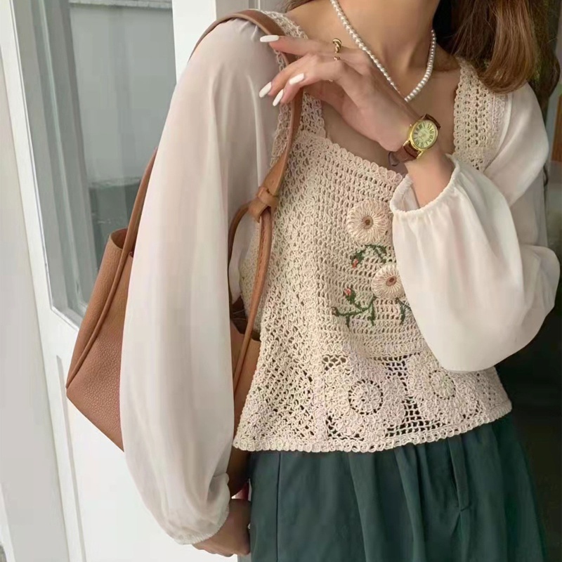 Brroa Áo Croptop Dệt Kim Chiffon Tay Dài Phồng Cổ Vuông Thêu Hoa Rỗng Kiểu Retro Cho Nữ