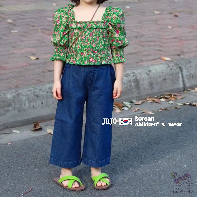 Bộ Áo In Hoa + Quần Denim Thời Trang Cá Tính Kiểu Hàn Quốc Cho Bé Gái