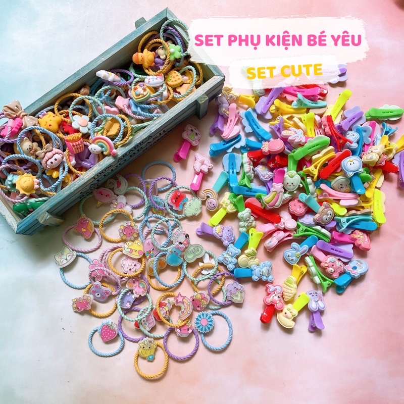Set 20 thun cột tóc kẹp tóc gắn charm TÍM STORE màu sắc tươi sáng dễ thương bé gái