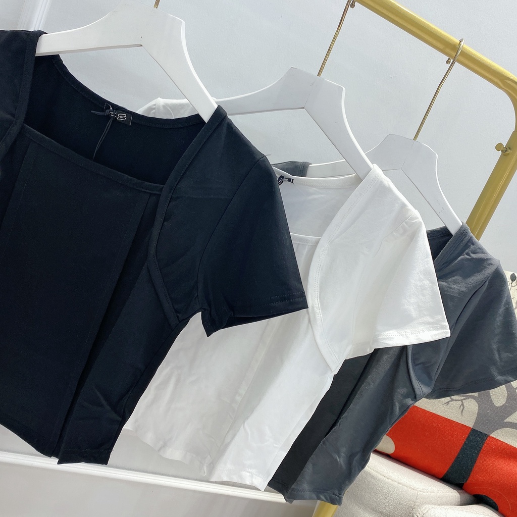 Áo croptop nữ cổ vuông tay ngắn dáng ôm body, áo thun cộc tay vạt yếm | BigBuy360 - bigbuy360.vn