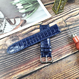 Dây đồng hồ da cá sấu thật may thủ công handmade AL118LEA xanh navy - 100% da cá sấu thật