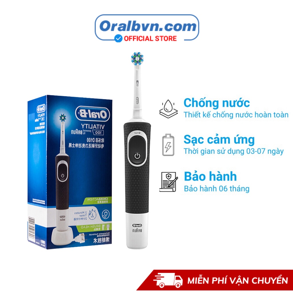 Bàn chải điện đánh răng tự động Oral B D100 đen làm sạch răng, hạn chế viêm nướu kèm hộp nắp