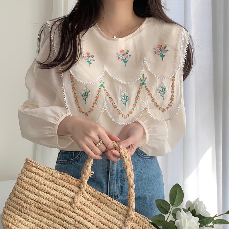 Áo Sơmi Cổ Tròn Tay Dài Thêu Hoa Áo Kiểu Thời Trang Thanh Lịch