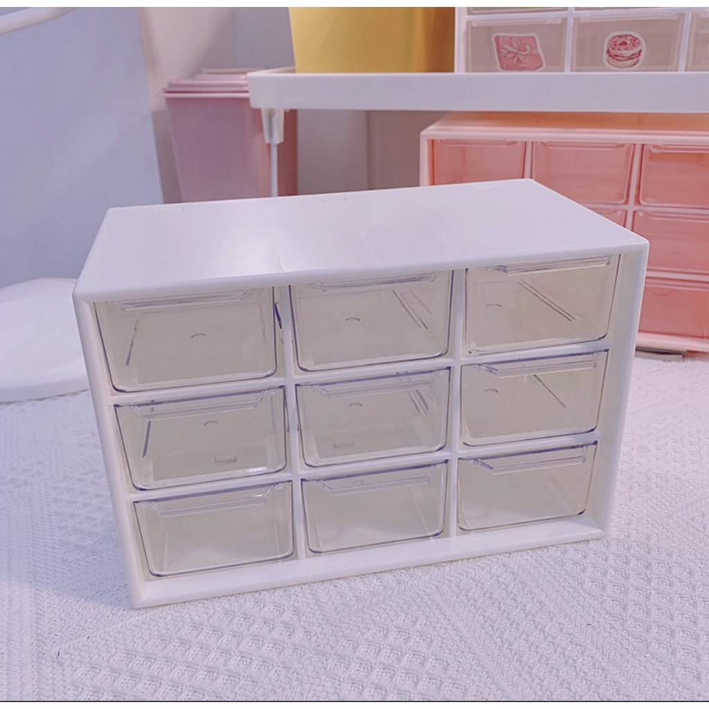 [Tặng Sticker] Hộp nhựa Mini 9 Ngăn Để Bàn, Kệ Nhựa Đựng Đồ Decor Bàn Học