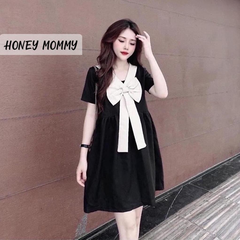 Váy Bầu Babydoll Nơ Ngực Váy Bầu Hè Ngắn Tay Công Sở Đi Chơi HD2616 Honey Mommy Đầm Bầu Mùa Hè Đi Làm Đi Tiệc  ྇