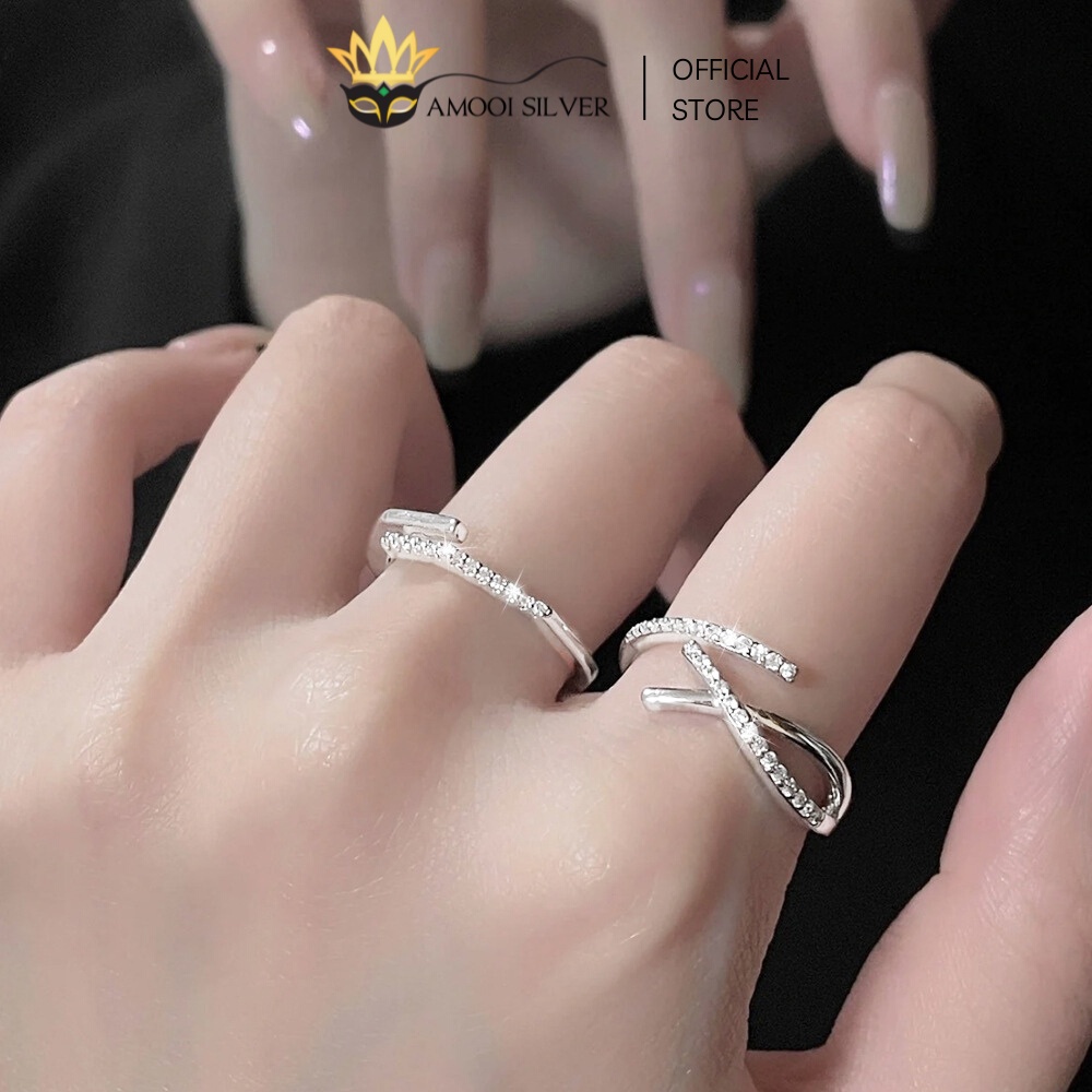 Nhẫn Bạc S925 Freesize Dáng Hở Mẫu Chéo Khúc Nạm Đá - Amooi Silver AN83