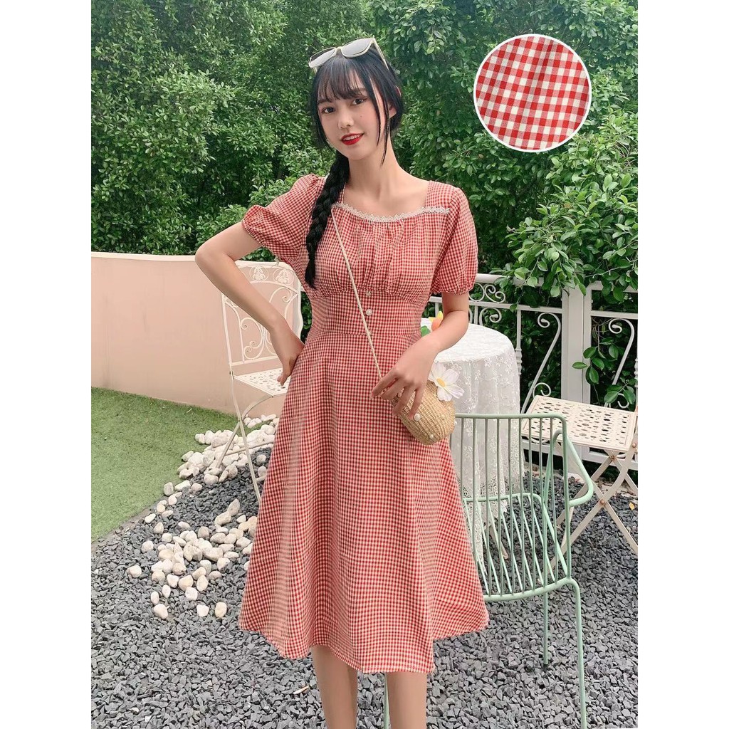 Váy kẻ caro cổ viền ren nhún ngực tay chun Ulzzang style 🌸 Hàng quảng Châu