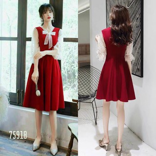Đầm xòe phối lưới đính sao, cổ thắt nơ- đầm thời trang