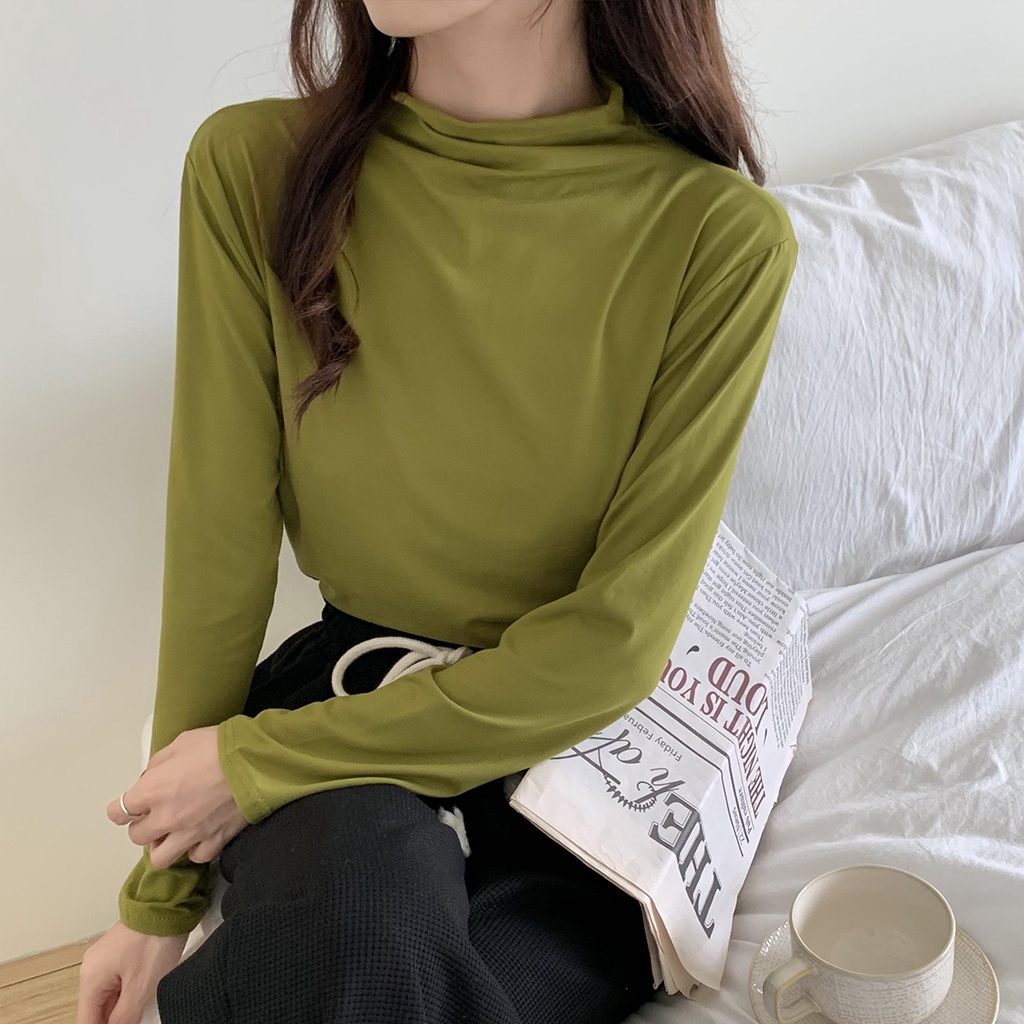 Áo Thun Tay Dài Cổ Cao Co Giãn Thoải Mái Thời Trang Thu Đông Phong Cách Hàn Quốc