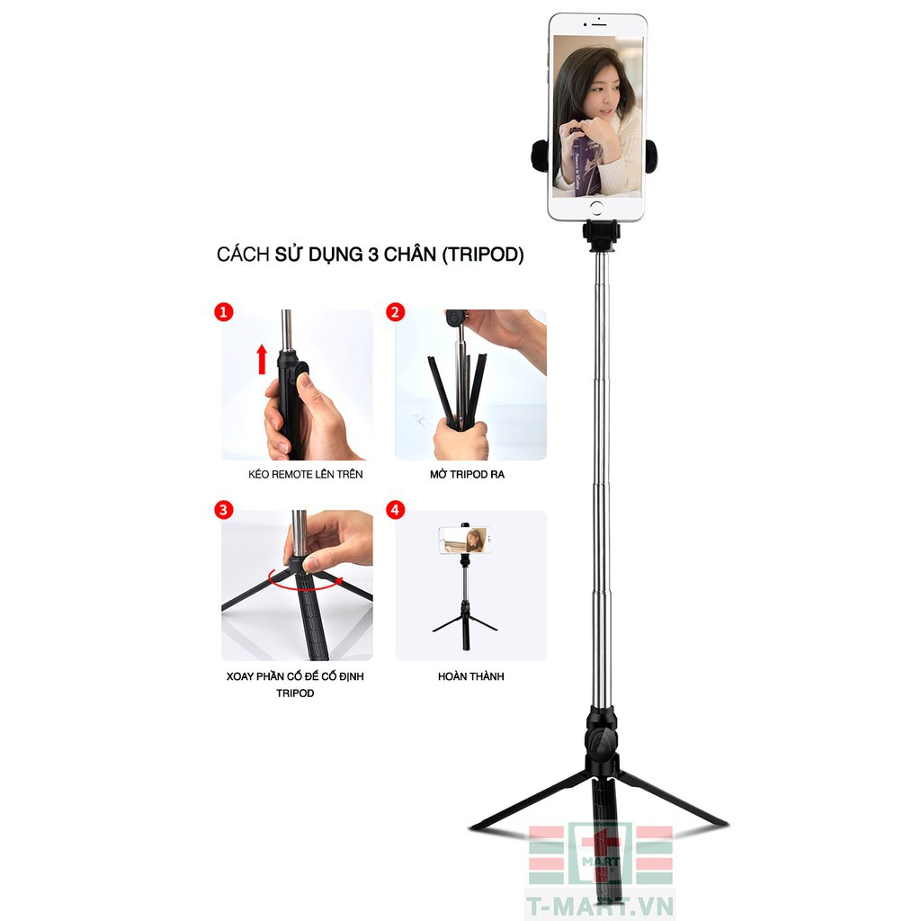 Gậy tự sướng kiêm Tripod 3 chân đa năng nhỏ gọn kèm Remote Bluetooth tiện lợi - XT10 | BigBuy360 - bigbuy360.vn
