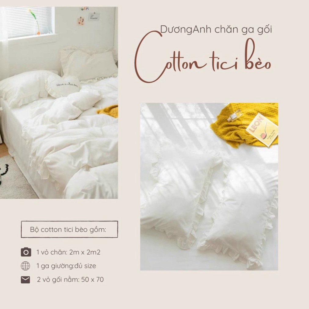 Bộ chăn ga gối Cotton tici viền bèo đáng yêu drap giường Hàn quốc ga trải bo chun đủ size - Màu trắng viền bèo Chăn Ga G