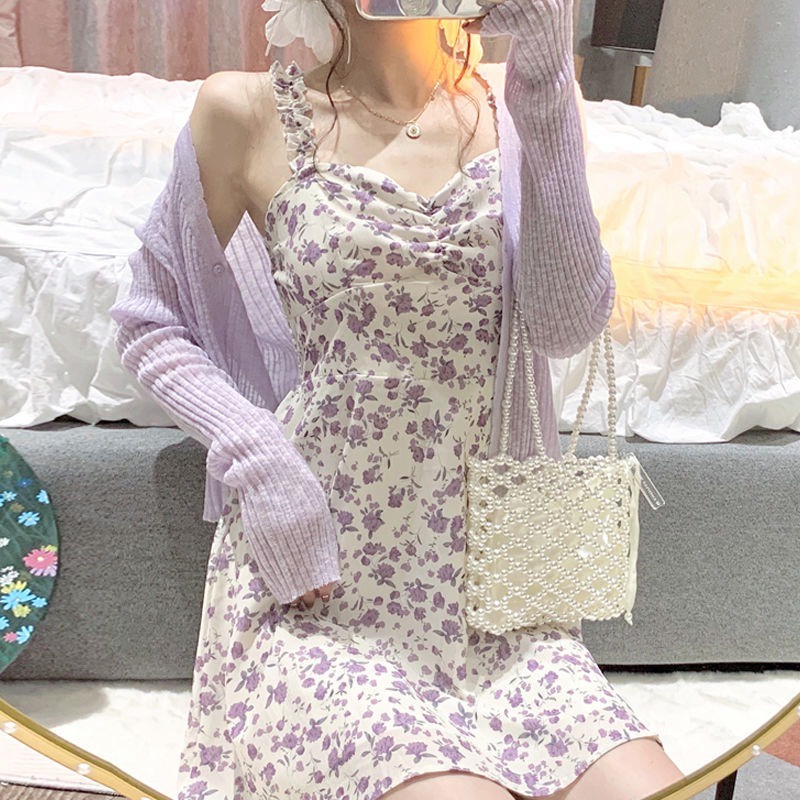 Đầm hai dây họa tiết hoa ZHELIHANGFEI / Áo khoác cardigan ZHELIHANGFEI dệt kim thời trang xinh xắn cho nữ