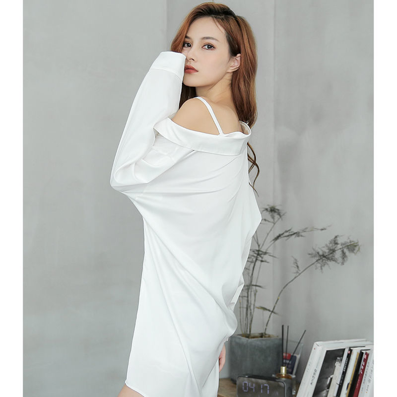 Mới Váy Nữ Mùa Xuân Và Mùa Thu Và Mùa Hè Chiffon Tay Dài Sexy Quây Áo Sơ Mi Trắng Bạn Trai Gió Dài Đồ Ngủ Lỏng Lẻo