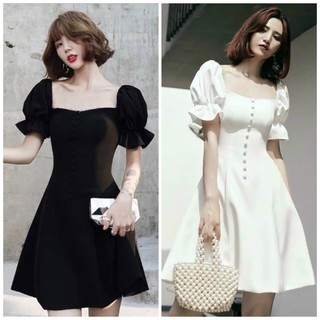 Đầm váy cổ vuông tay bo form ngắn 2 màu