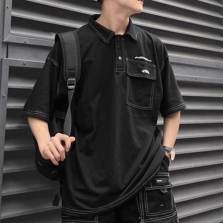 Áo thun Polo tay lỡ Wonder form rộng chất vải gai thoáng mát, Áo Polo Unisex Nam Nữ