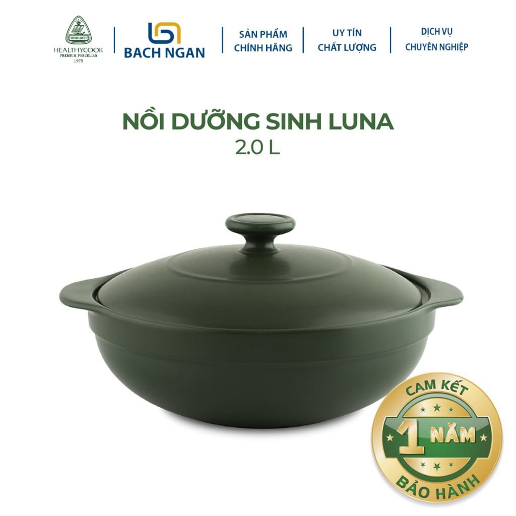 Nồi sứ dưỡng sinh Minh Long Luna cao cấp 2.0 L dùng cho Bếp Ga, Hồng Ngoại, có nắp đậy, có thể kho cá, hầm cháo