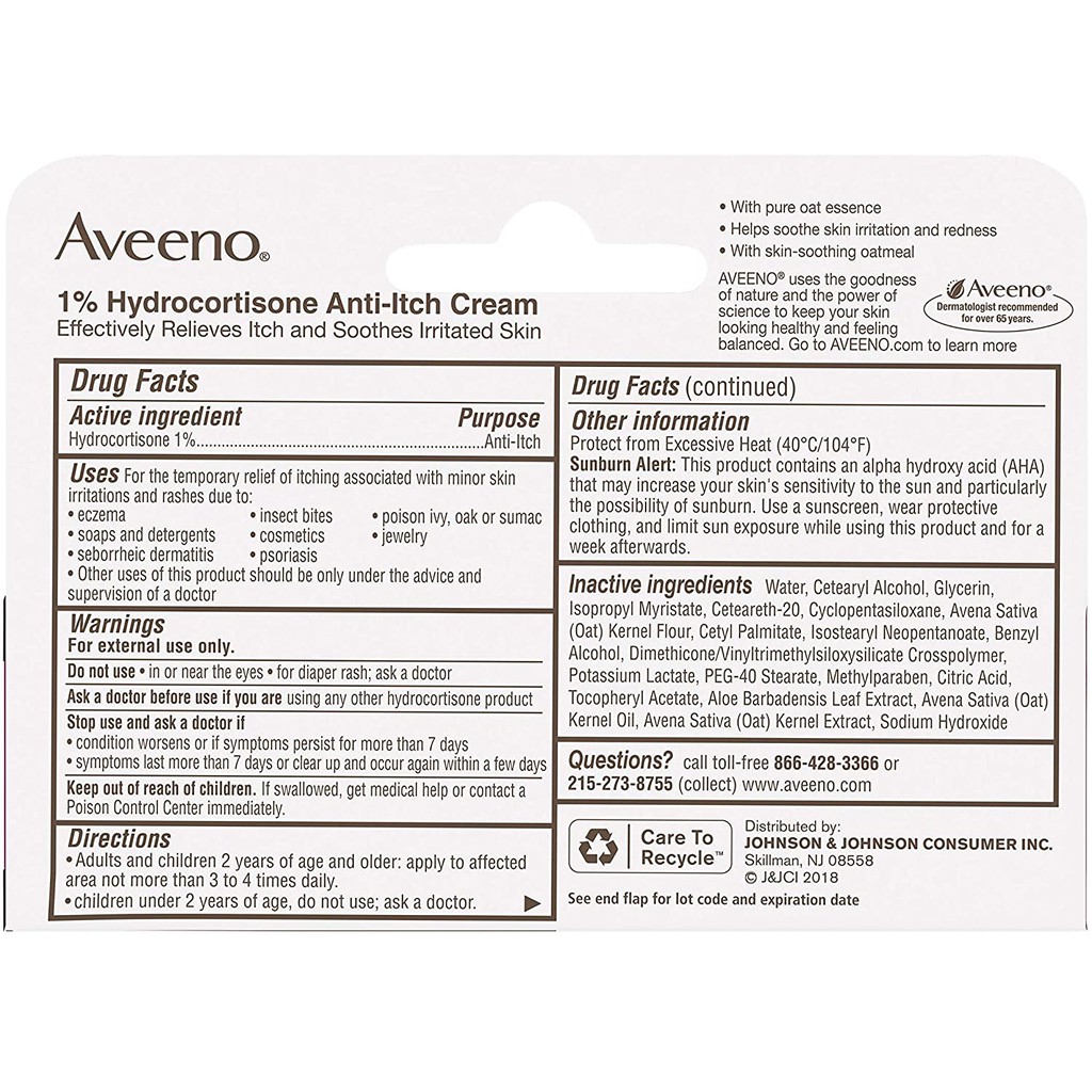 Kem bôi giảm ngứa Aveeno Maximum Strength 1% Hydrocortisone tuýp 28g