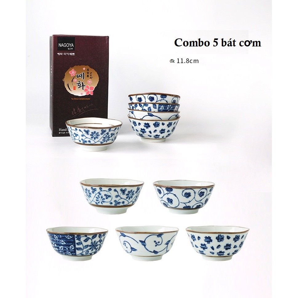 Bộ bát gốm sứ phong cách Nhật tông xanh đa dạng họa tiết cho món bún trộn, bánh trôi tàu, có thể làm quà tặng Tân gia