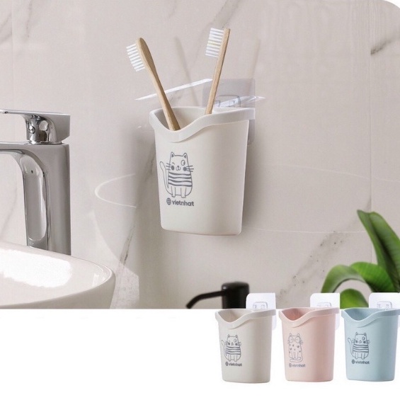 Cốc Cắm Bàn Chải Đánh Răng Dán Tường Hokori Việt Nhật  có lỗ thoát nước tiện lợi